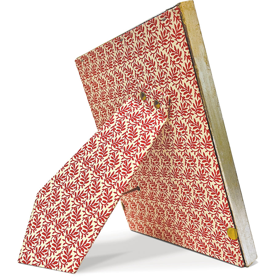 Cavallini & Co. 5 by 5 Inch Antico Silver Florentine square picture frame with a red and cream leaf pattern on the back, shown standing at an angle on a white background.