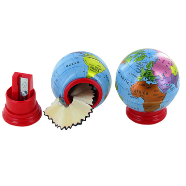 Globe-shaped pencil sharpener with a red base on a white background shown open and closed