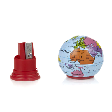 Globe-shaped pencil sharpener with a world map design on a white background shown open