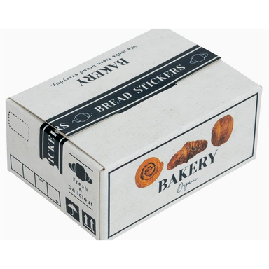 Box of bakery stickers with bread illustrations on a white background