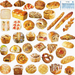 Assorted bakery items including pastries, breads, and donuts on a white background.