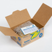 Open cardboard box with banana packaging and an invoice on a white background