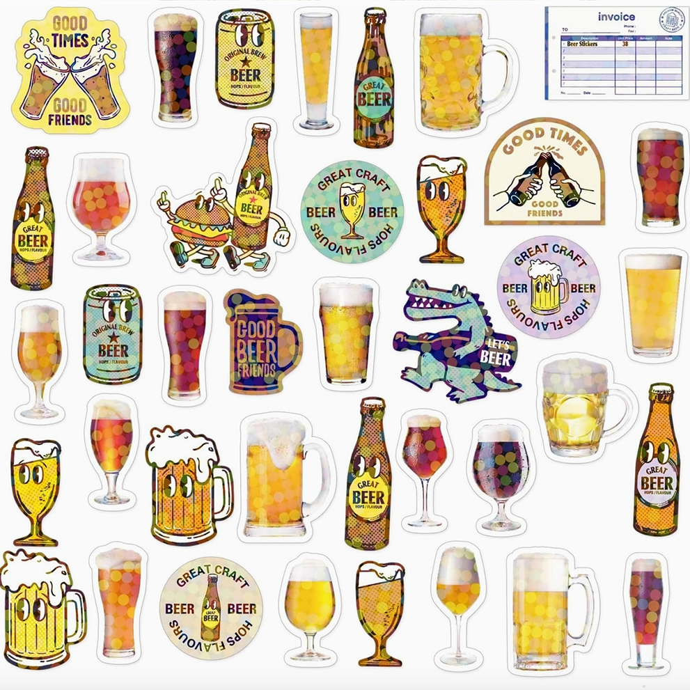 Collection of beer-themed stickers on a white background