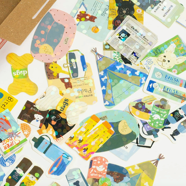 Collection of colorful dog themed stickers on a white background