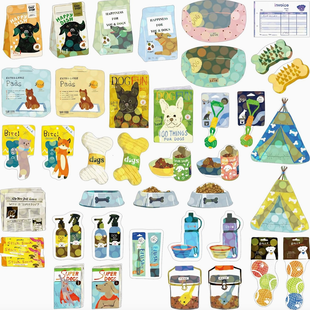 Collection of various dog supply stickers on a white background.