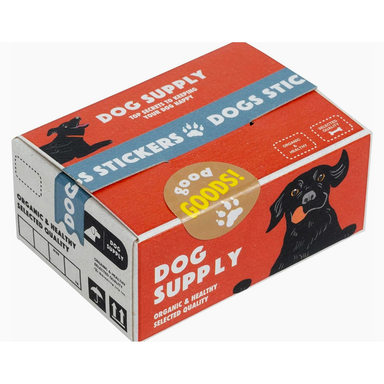 Dog supply box with stickers and 'Good Goods!' label on a white background