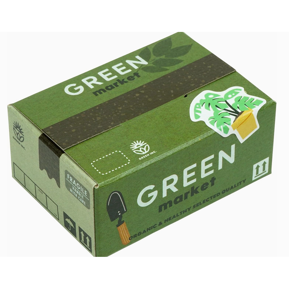 Green market packaging box with branding and design elements on a white background