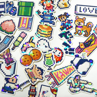 Collection of colorful pixel art stickers on a white background