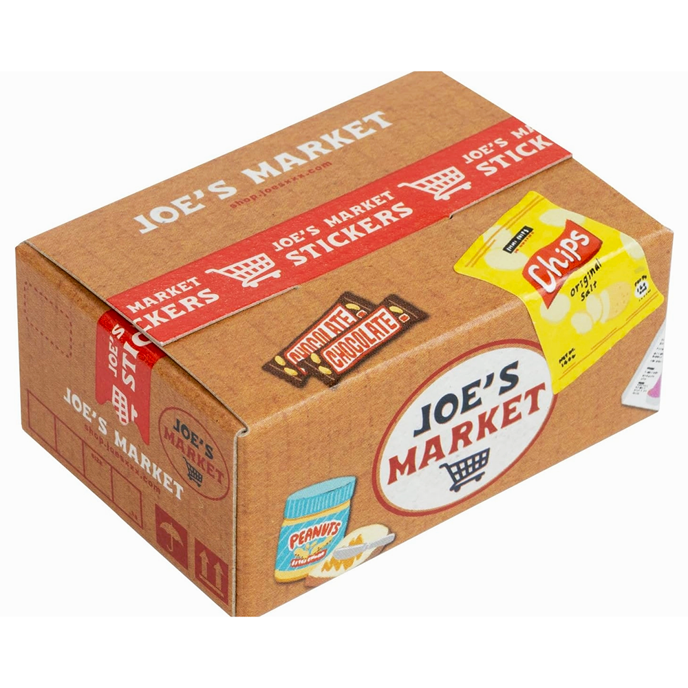 Cardboard box with 'Joe's Market' branding and product images on a white background