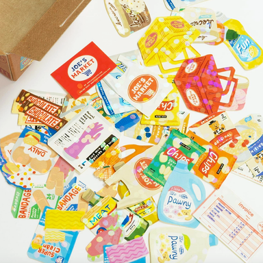 Collection of colorful products with 'Joe's Market' branding on a white background.