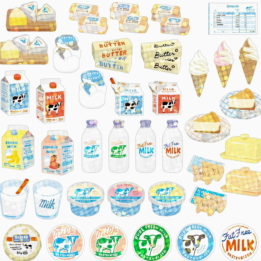 Collection of dairy product stickers including milk cartons, butter, ice cream, and cheese with various branding logos.