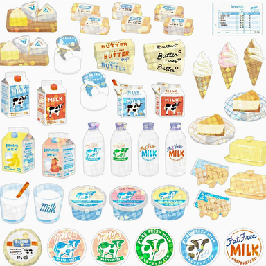 Collection of dairy product stickers including milk cartons, butter, ice cream, and cheese with various branding logos.