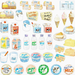 Collection of dairy product stickers including milk cartons, butter, ice cream, and cheese with various branding logos.