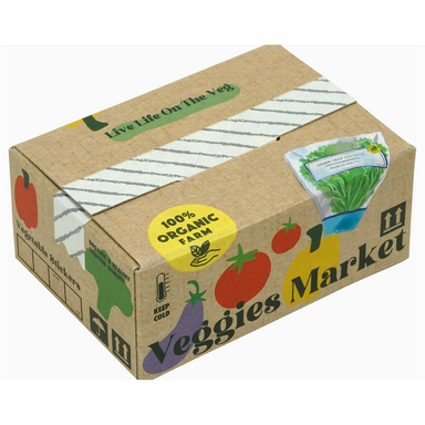 Cardboard box with 'Veggies Market' branding and vegetable illustrations on a white background
