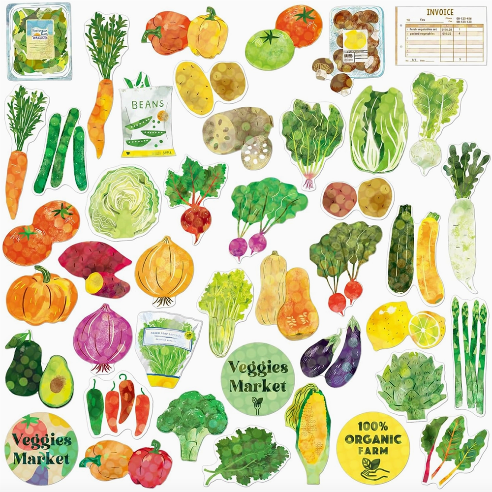 Illustrations of various vegetable themed stickers with 'Veggies Market' and '100% Organic Farm' labels.