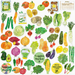 Illustrations of various vegetable themed stickers with 'Veggies Market' and '100% Organic Farm' labels.