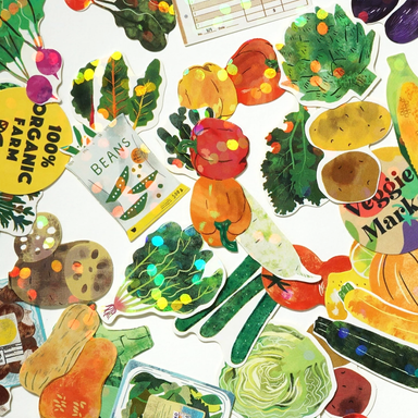 Colorful illustrated stickers of vegetables and farm products on a white background
