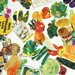 Colorful illustrated stickers of vegetables and farm products on a white background