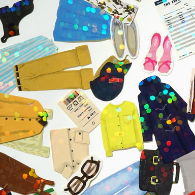 Various clothing items and accessories on a white background