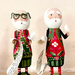 Two hand-painted wooden figurines of Santa Claus with glasses and a long paper list, standing against a plain beige background.