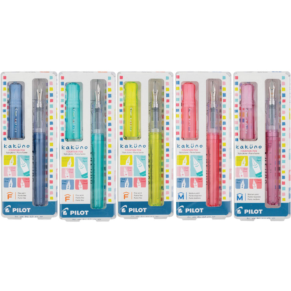 Pilot Kakuno Fountain Pen- New Style with Transparent Body and Cap- group image showing all five available colors