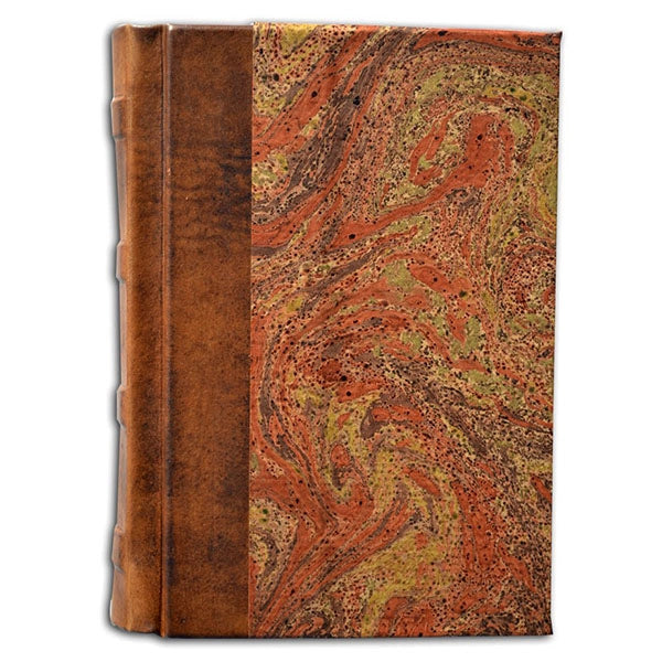 Marbled Italian Journal- 5x7 Inches, Lined Pages- a vintage-style book with marbled cover and brown leather spine on a white background