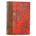 Marbled Italian Journal- 5x7 Inches, Lined Pages- Notebook with a red marbled cover and brown leather binding on a white background