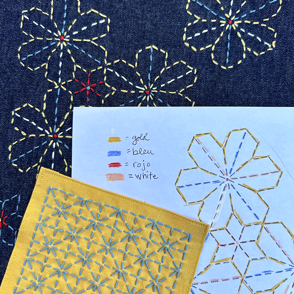 A close-up of a fabric craft project showing a dark indigo denim base with embroidered geometric and floral patterns in yellow, blue, and red. A light blue paper template with embroidered outlines and a handwritten color key are placed on top of the denim, alongside a yellow fabric swatch with blue geometric embroidery.