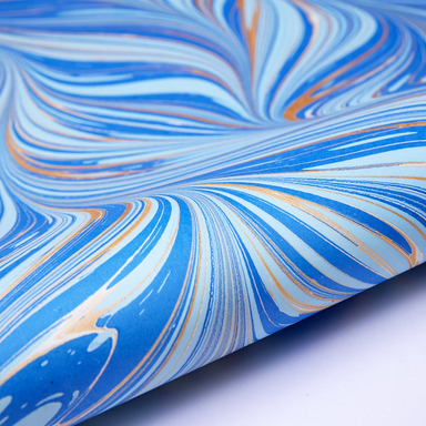 Handmade Indian Cotton Paper- Marbled Fountain Waves- dark blue with light blue and gold- detail