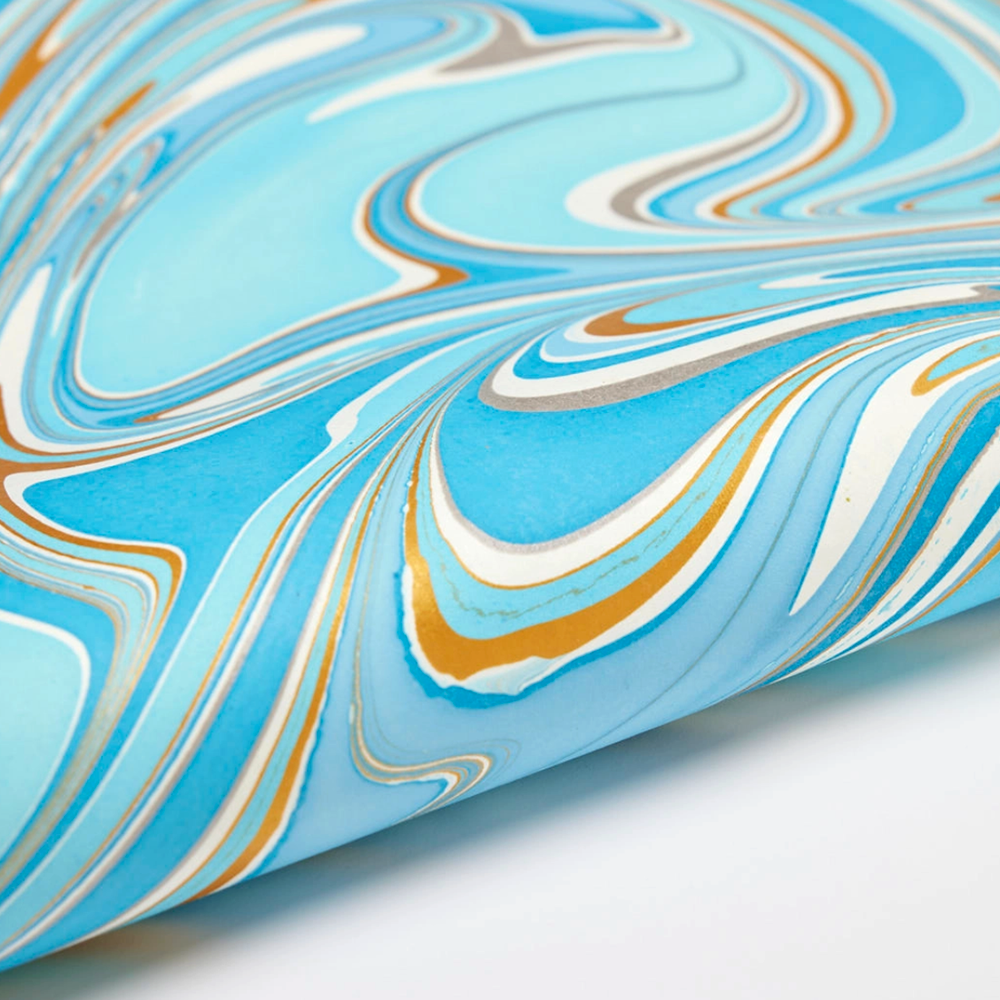 Handmade Indian Cotton Paper- Marbled Waves- tidepool- pale blue with gold, silver, and white- detail