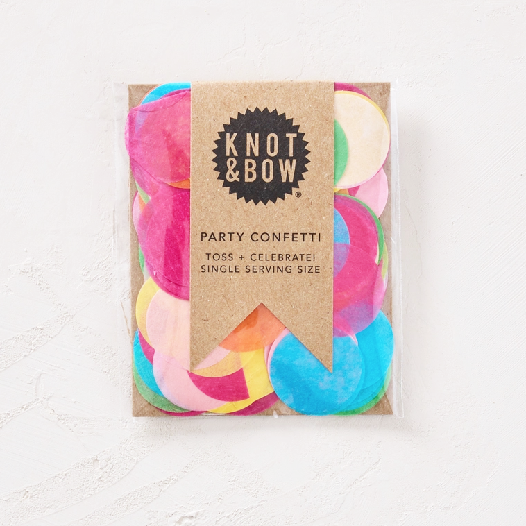Packaged party confetti with 'Knot & Bow' branding on a white background