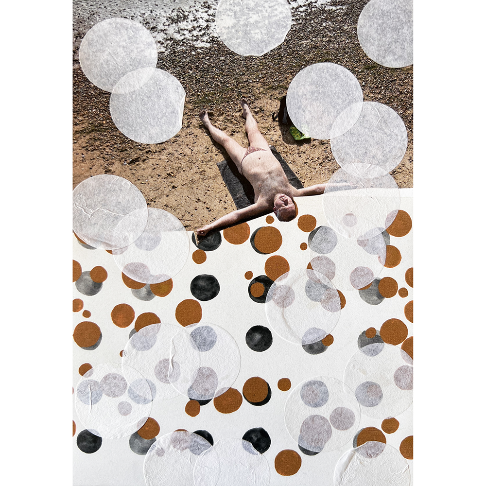 Collage of person lying on a beach with circular patterns overlayed