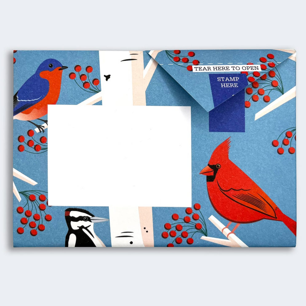 Pigeon Post- Carnival of Colour with blue and red birds on blue background