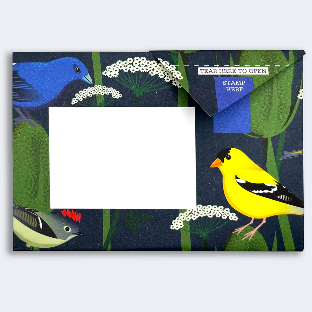 Pigeon Post- Carnival of Colour with blue and yellow birds on dark blue background