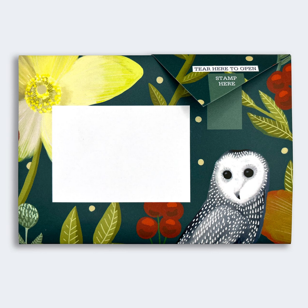 Pigeon Post- Dusk to Dawn with owl and yellow flowers on navy background