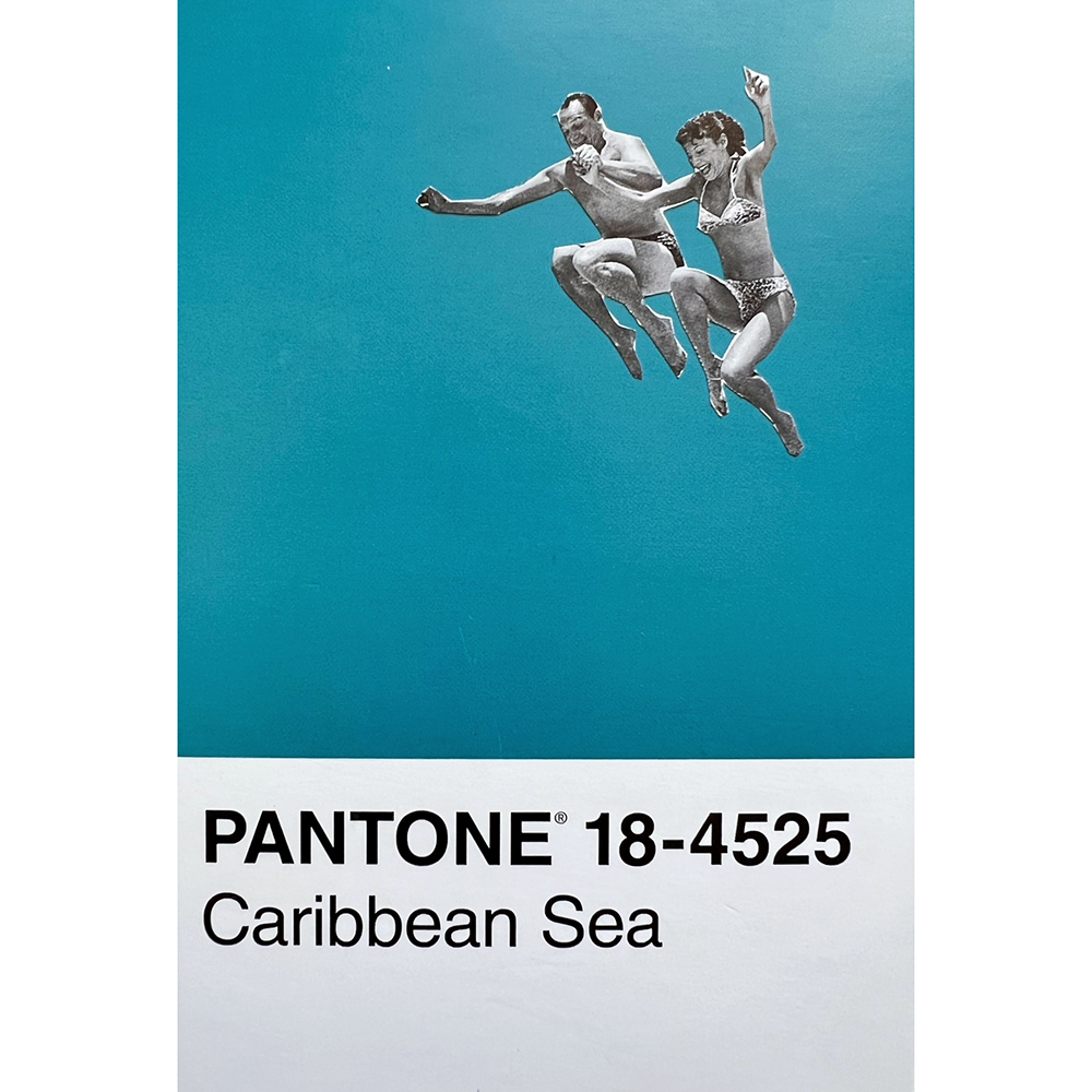 PANTONE Color Swatch card showing the color 'Caribbean Sea' (18-4525), featuring a turquoise blue background with a vintage black-and-white photograph of two people diving in the water, and a white bottom section with black text.