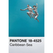 PANTONE Color Swatch card showing the color 'Caribbean Sea' (18-4525), featuring a turquoise blue background with a vintage black-and-white photograph of two people diving in the water, and a white bottom section with black text.