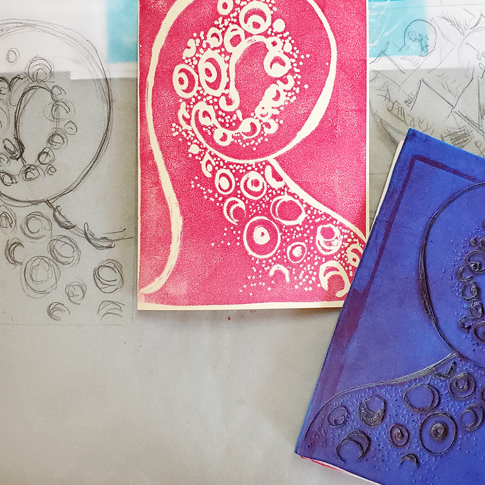 Lo-Tech Printing sample, sketch, and printing plate- octopus tentacle