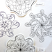 Four die-cut sticker designs featuring black and white Zentangle-style floral mandala patterns, arranged on a white background with small handwritten labels reading Respect, Love, Patience, and Focus.