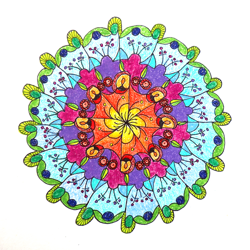 A colorful circular mandala art design with concentric floral and geometric patterns in yellow, orange, pink, purple, blue, green, and black outlines on a white background.