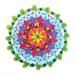 A colorful circular mandala art design with concentric floral and geometric patterns in yellow, orange, pink, purple, blue, green, and black outlines on a white background.