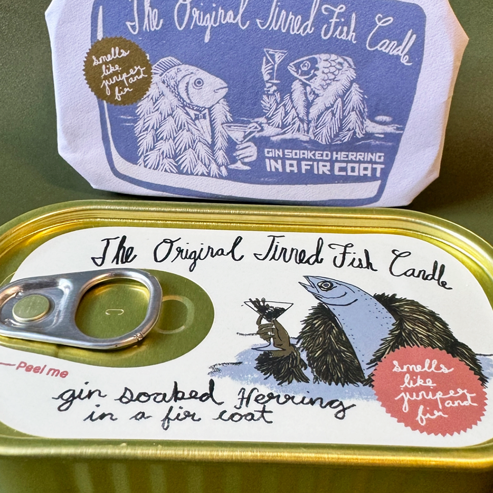 Tinned Fish Candle- Juniper and Fir paper packaging and tin inside