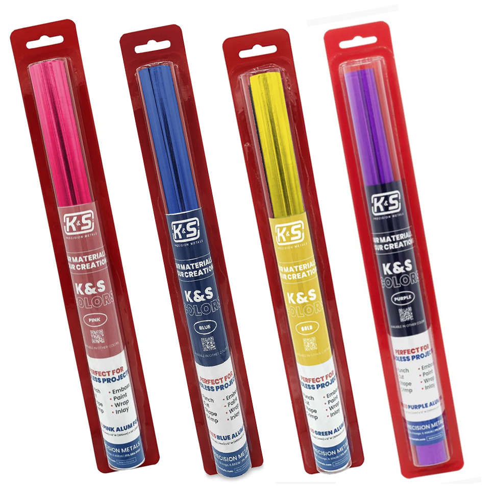 K & S Aluminum Tooling Foils in product packaging- pink, blue, gold, purple
