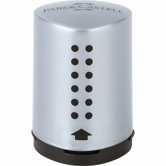 The Faber-Castell Mini Grip pencil sharpener is about the smallest, self-contained travel sharpener there is.