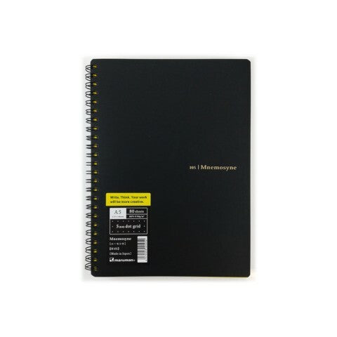 Maruman Mnemosyne Japanese spiral bound note pads feature durable, black plastic covers with rounded corners, bound with twin wire spiral binding.