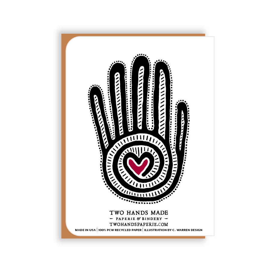  Mano y Corazon has our "Two Hands" printed on front and back of card. This A2 size greeting card measures 4.25 by 5.5 inches when folded.