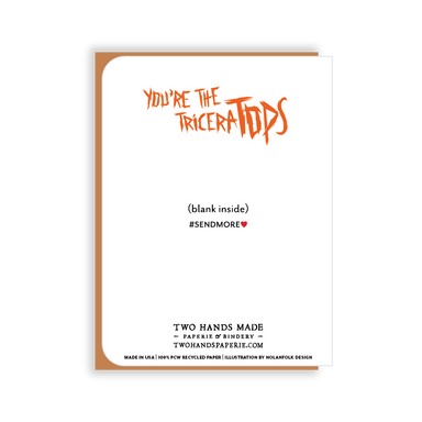 Two Hands Made- Party Triceratops A2 size greeting card measures 4.25 by 5.5 inches when folded.