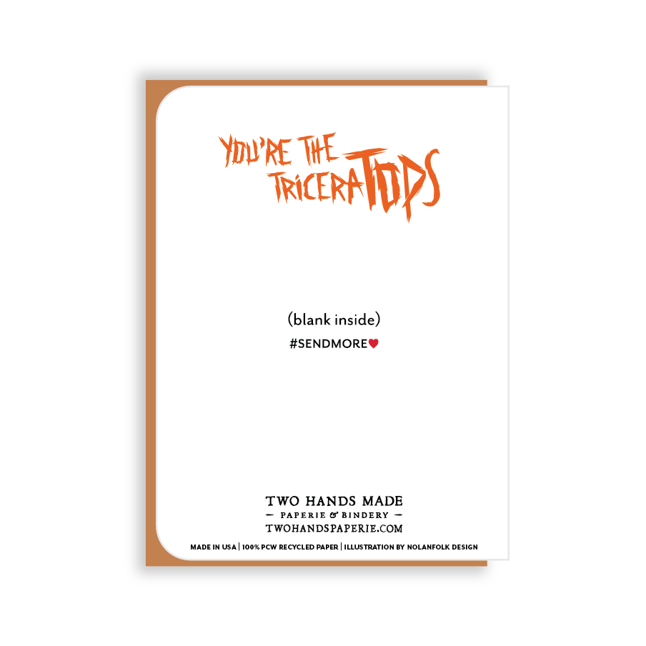 Two Hands Made- Party Triceratops A2 size greeting card measures 4.25 by 5.5 inches when folded.