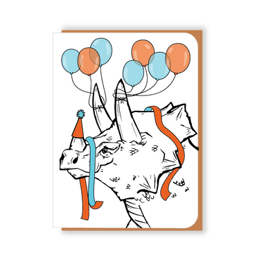 Two Hands Made- Party Triceratops with Balloons- single greeting card is blank inside, ready for your own special message. 