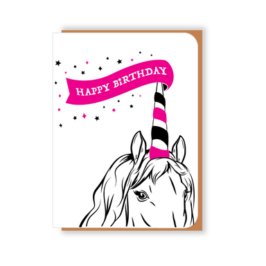 Two Hands Made- Happy Birthday Unicorn with pink banner- single greeting card is blank inside, ready for your own special message.